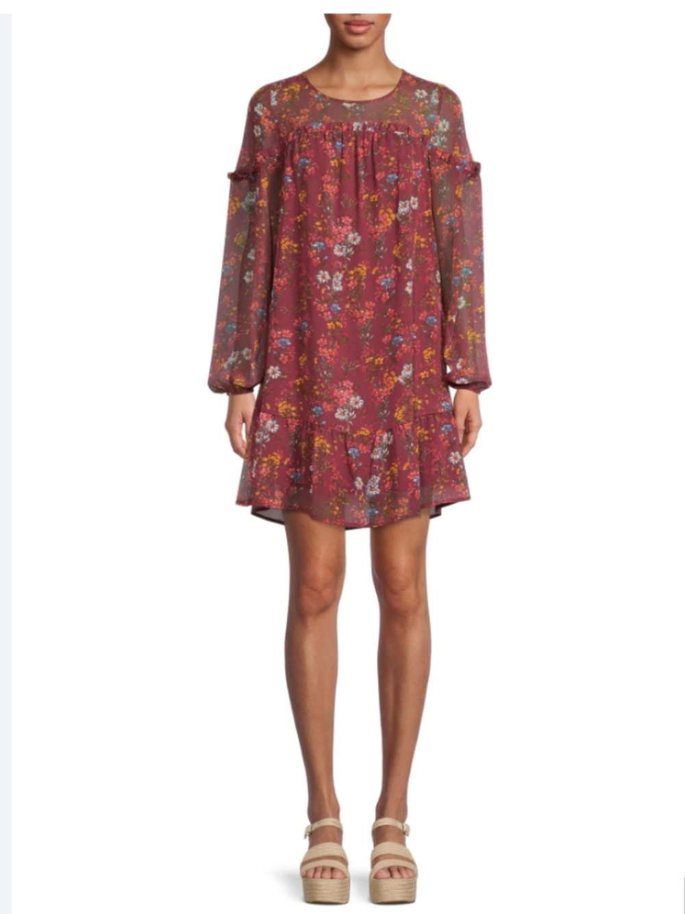 Ruffle Yoke Dress in a Rose Wine Botanical Floral print
